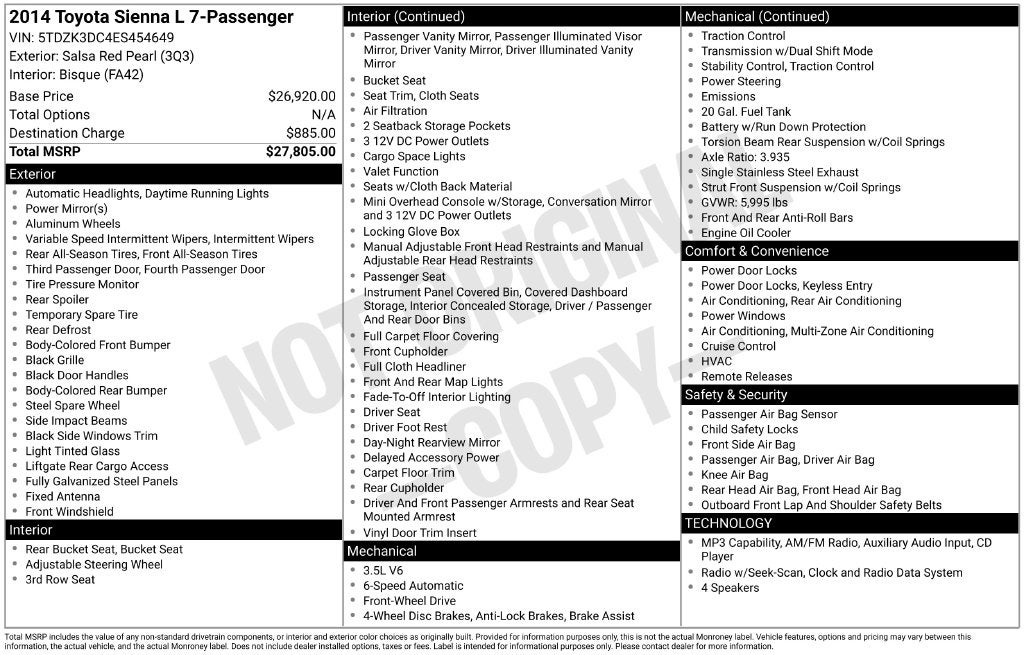 2014 Toyota Sienna L 7 Passenger