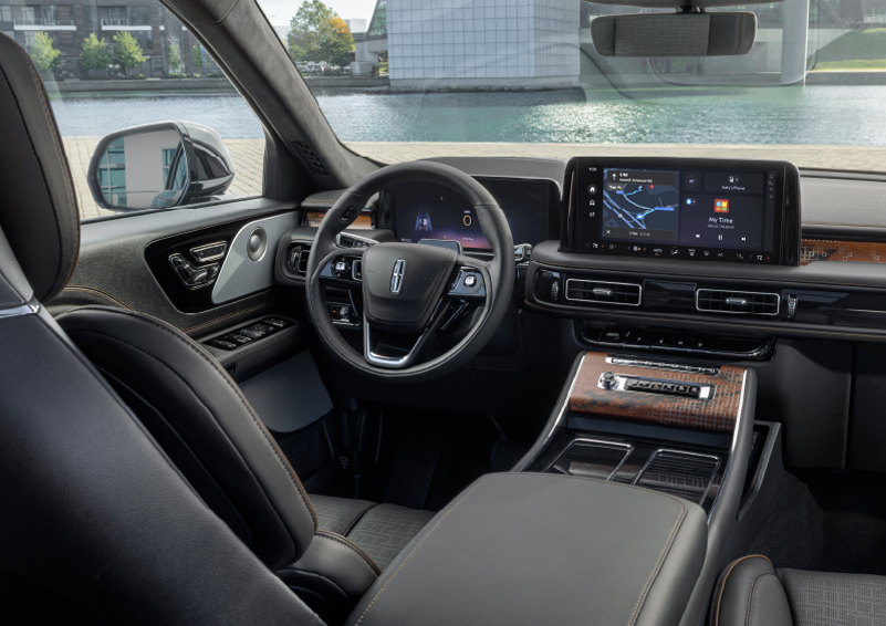 The interior of the 2025 Lincoln Aviator® SUV is shown parked with a view of a harbor through the windshield. | Gray-Daniels Lincoln in Brandon MS