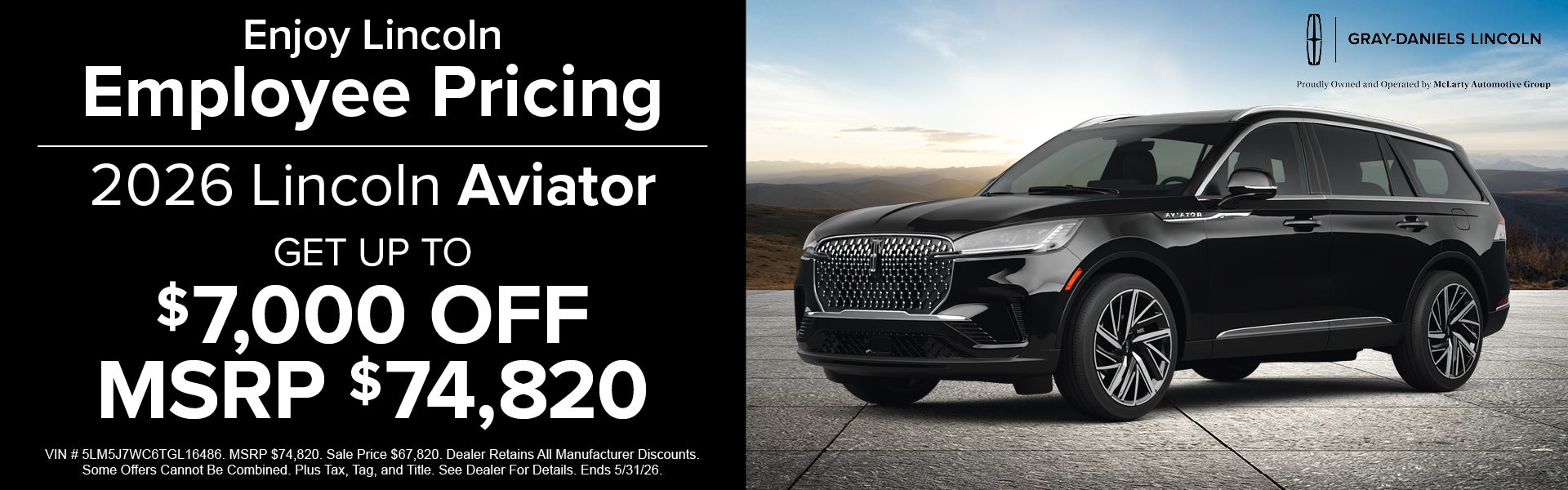 2026 Lincoln Aviator Get up to $7,000 off MSRP $74,820